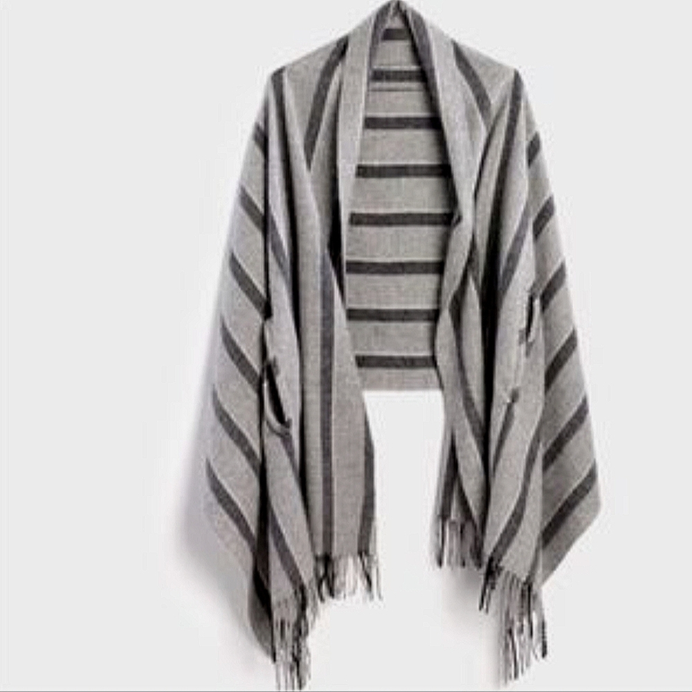 Madewell Cape Wrap Scarf In Vertical Gray Stripe 100% Wool Fringe Armholes